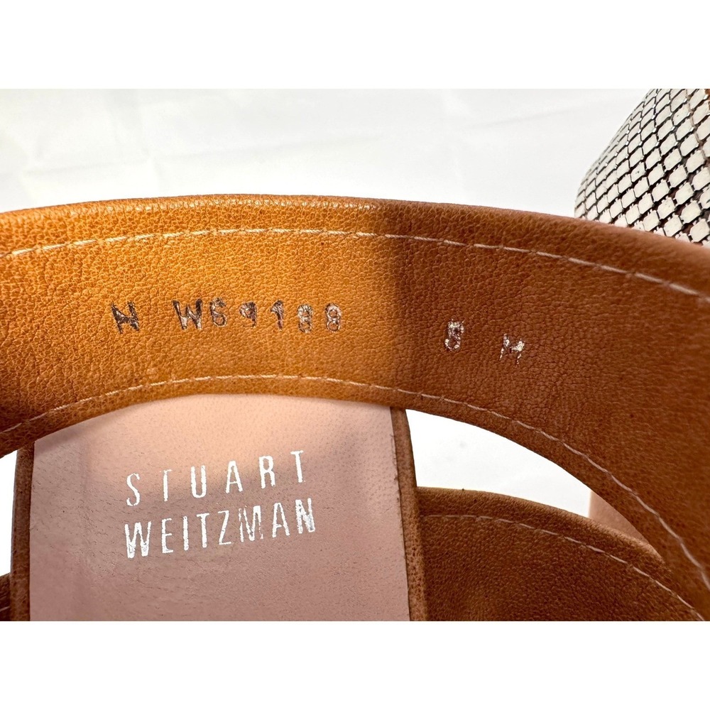 Stuart Weitzman Vintage Tan Leather Silver Chainmail Espadrille Wedge 8M W69188 - Picture 9 of 14